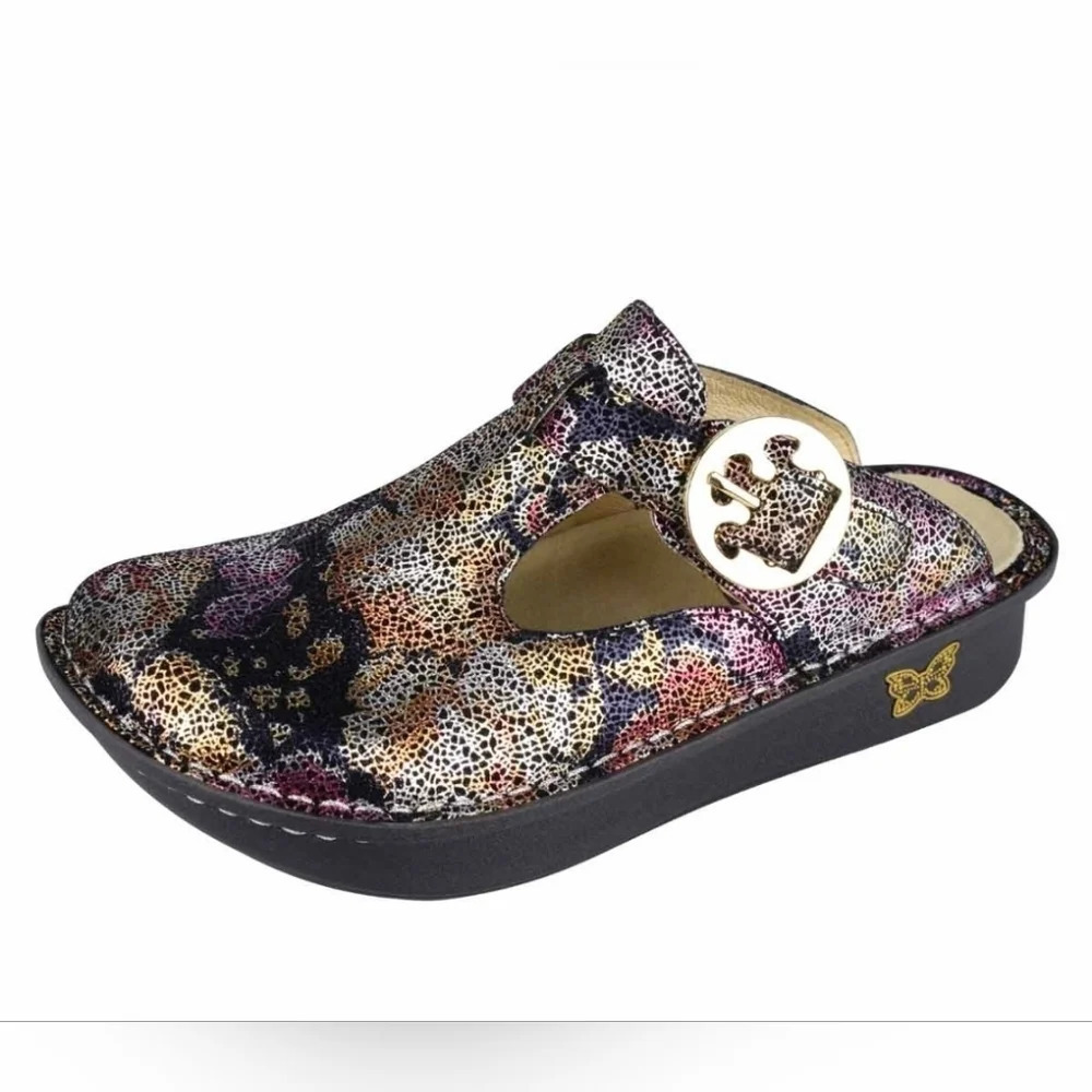 Alegria Classic Floratopia floral metallic Leather slip-on clogs mules size 6.5